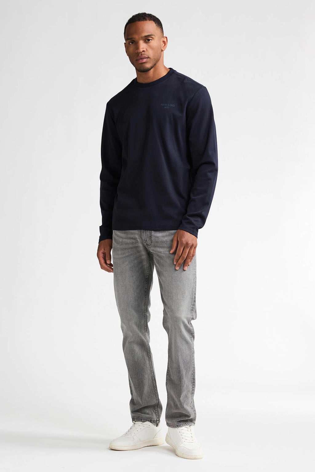 Donkerblauwe heren Petrol Industries regular fit longsleeve van katoen met lange mouwen en ronde hals