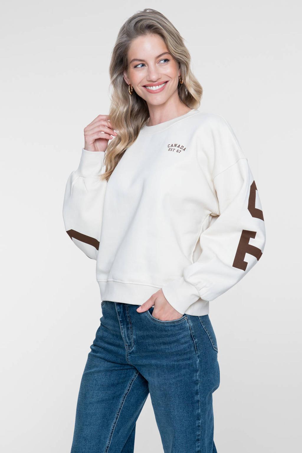 Zand en bruine dames Geisha sweater van katoen met tekst print, lange mouwen en ronde hals