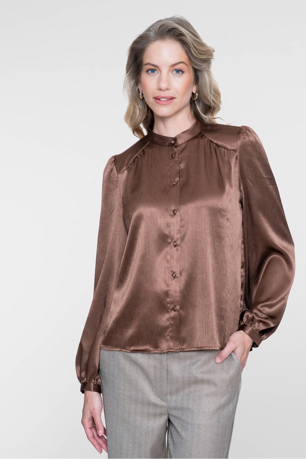 Bruine dames Geisha blouse van polyester met effen, lange mouwen, klassieke kraag en knoopsluiting