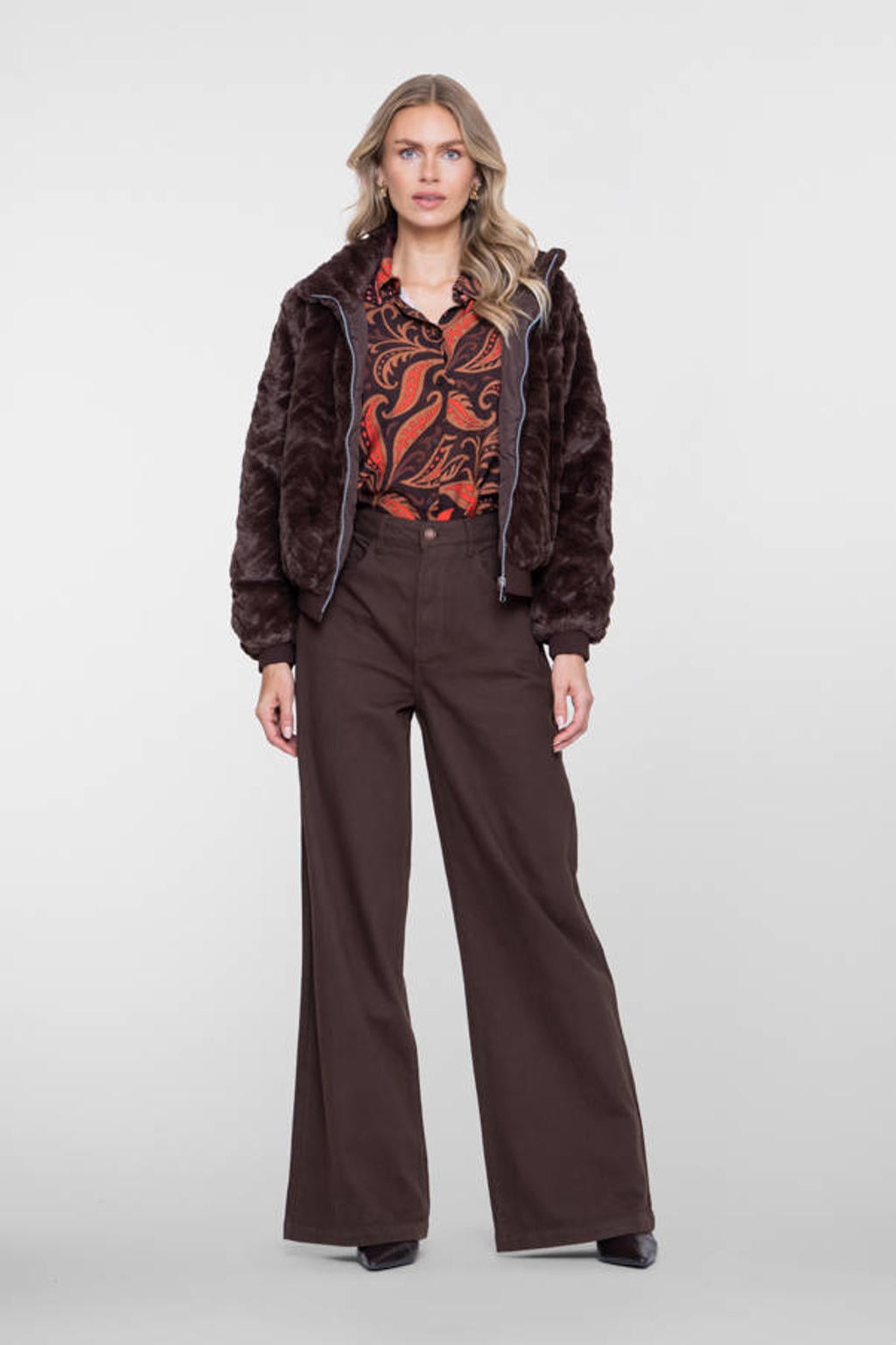 Bruine dames Geisha high waist flared jeans van denim met rits- en knoopsluiting en effen