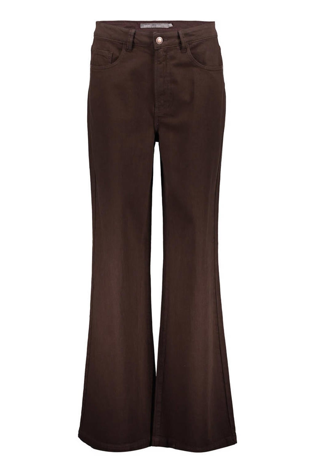Bruine dames Geisha high waist flared jeans van denim met rits- en knoopsluiting en effen