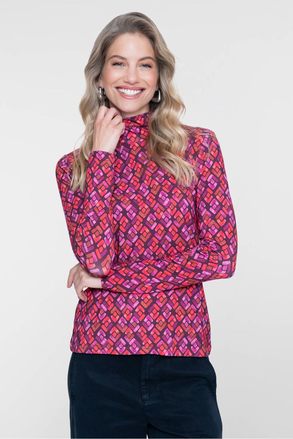 Roze dames Geisha top van viscose met lange mouwen en col