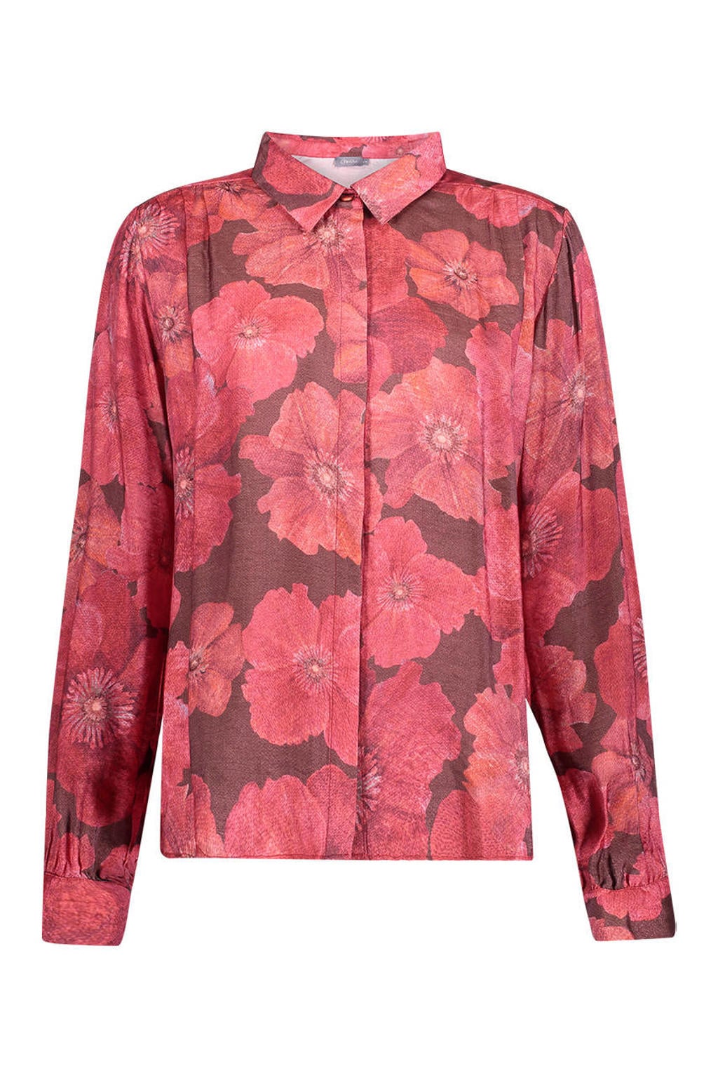 Roze dames Geisha van viscose met bloemenprint, lange mouwen, klassieke kraag en knoopsluiting