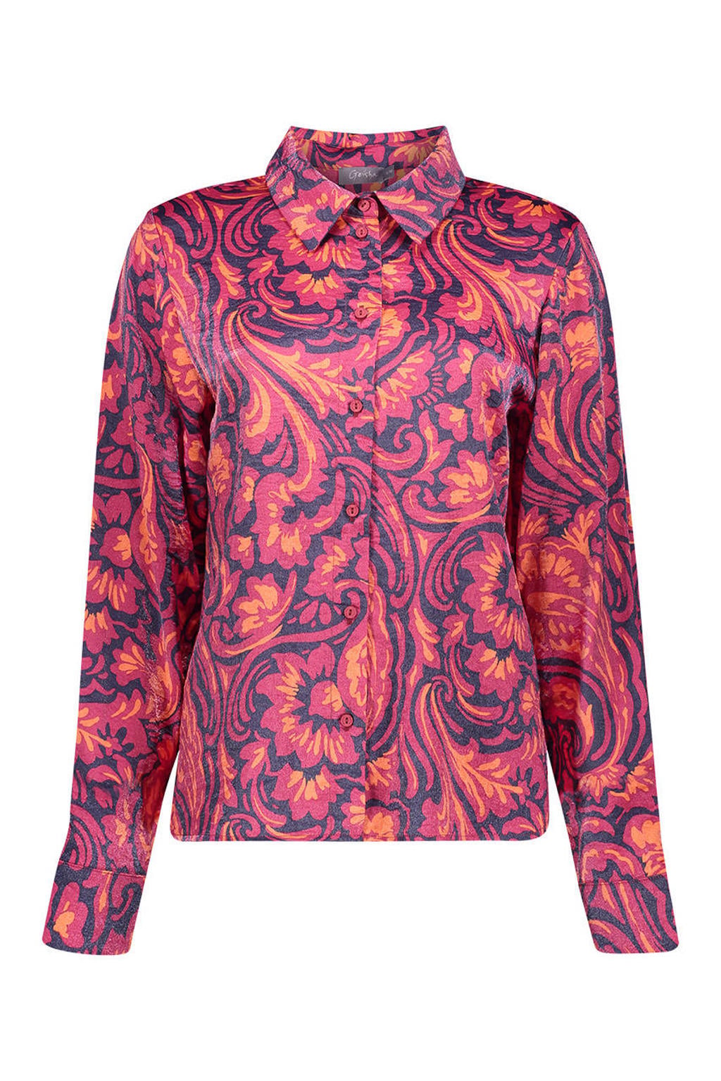 Roze dames Geisha blouse van viscose met paisley print, lange mouwen, klassieke kraag en knoopsluiting