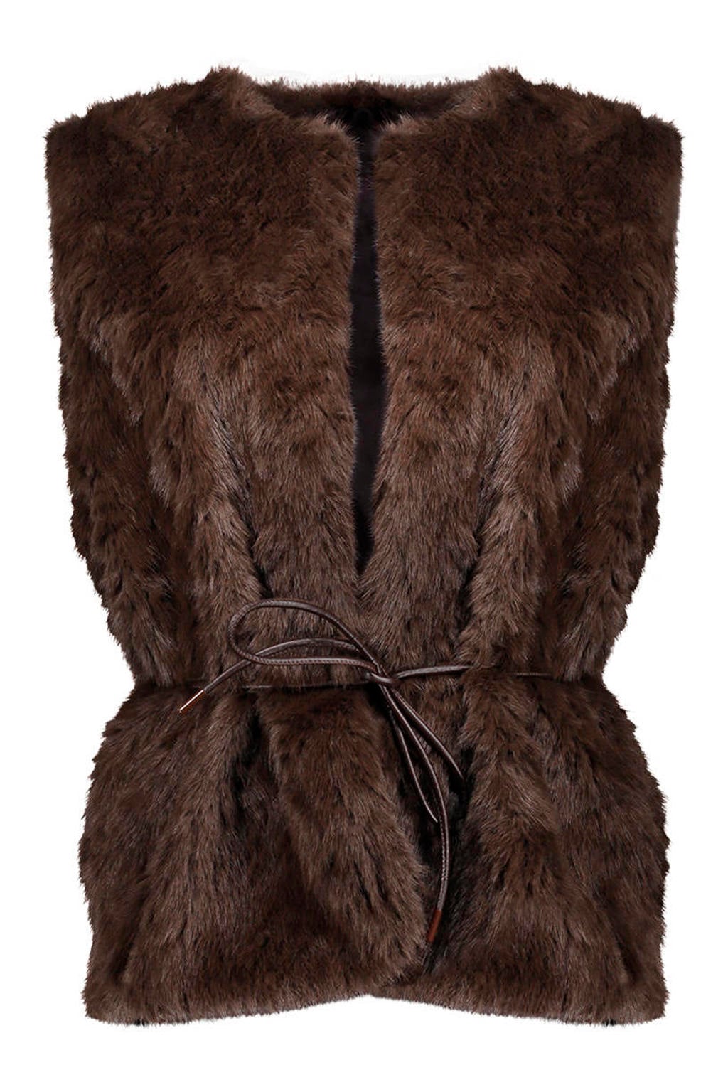 Bruine dames Geisha gilet van imitatiebont met effen, reverskraag en knoopsluiting