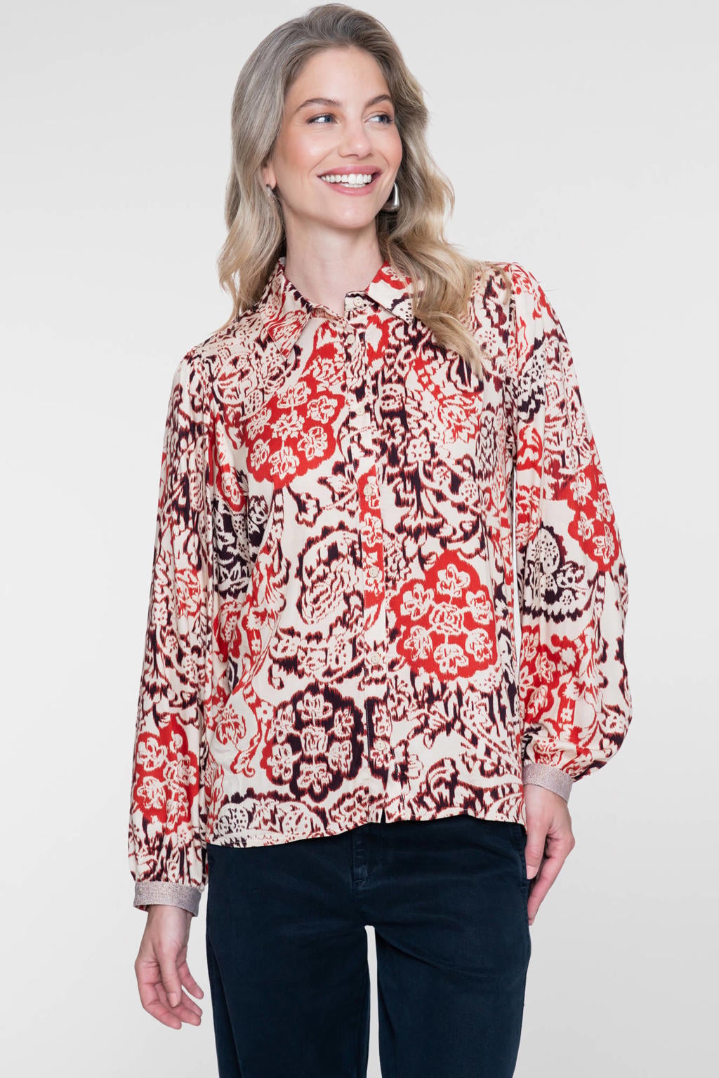 Rood en beige dames Geisha blouse van viscose met lange mouwen, klassieke kraag en knoopsluiting