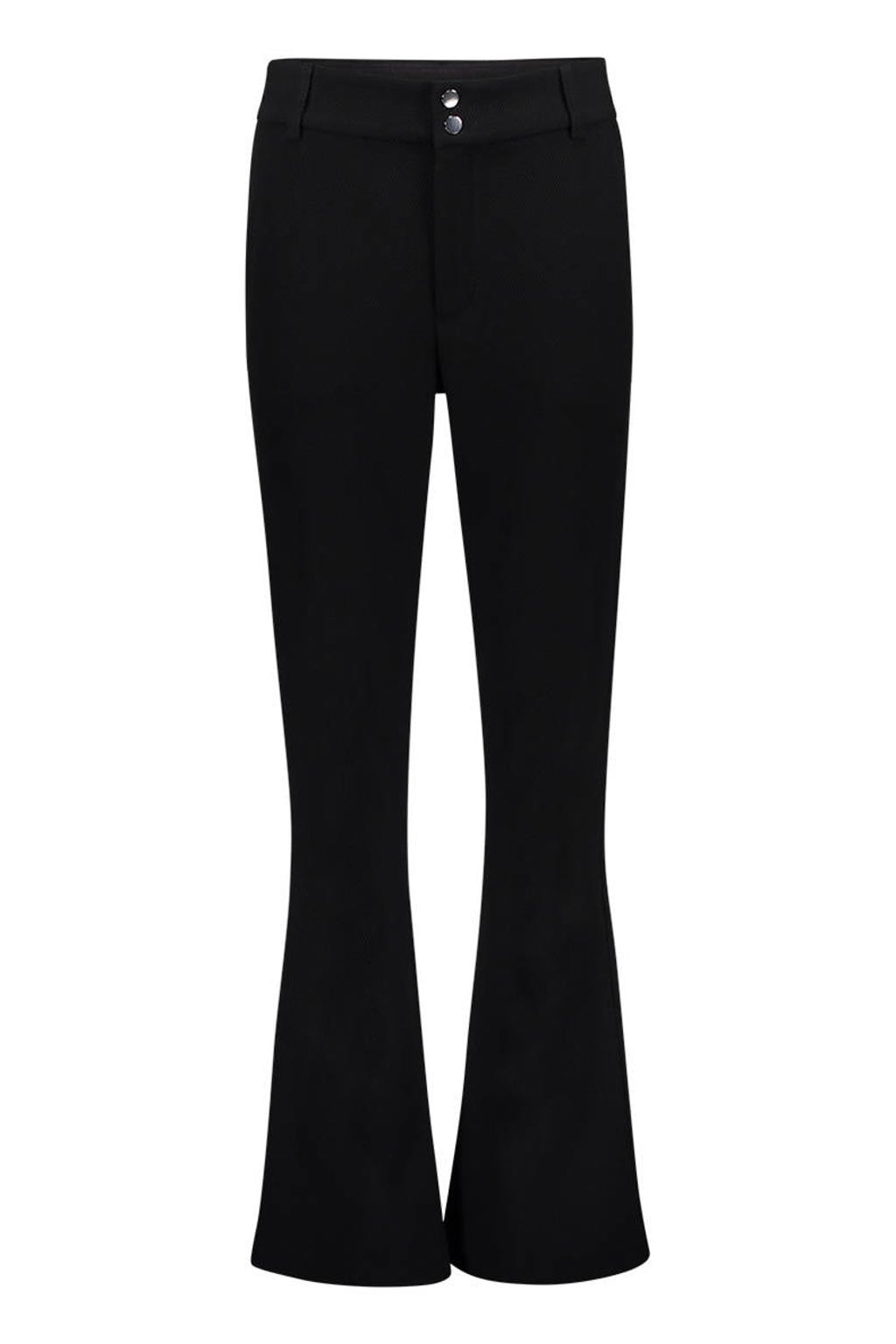 Zwarte dames Geisha flared broek van polyester met regular waist, rits- en knoopsluiting en effen