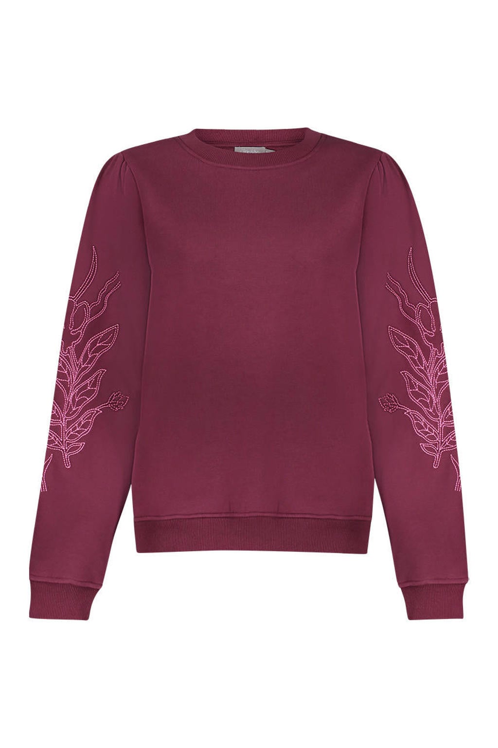 Donkerrode dames Geisha gebloemde sweater van katoen met lange mouwen, ronde hals en borduursels