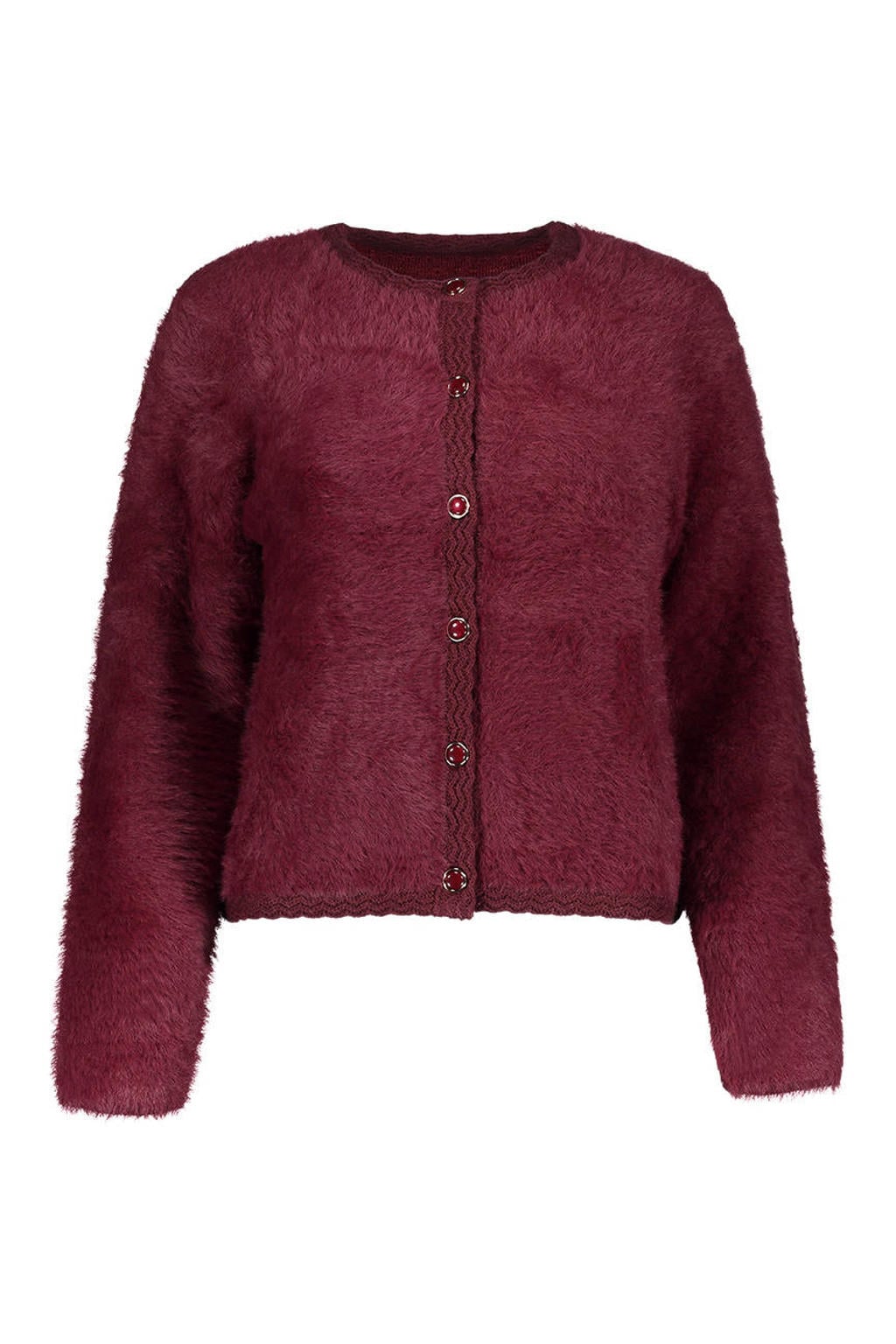 Donkerrode dames Geisha gebreid vest van polyamide met effen, lange mouwen, ronde hals en knoopsluiting