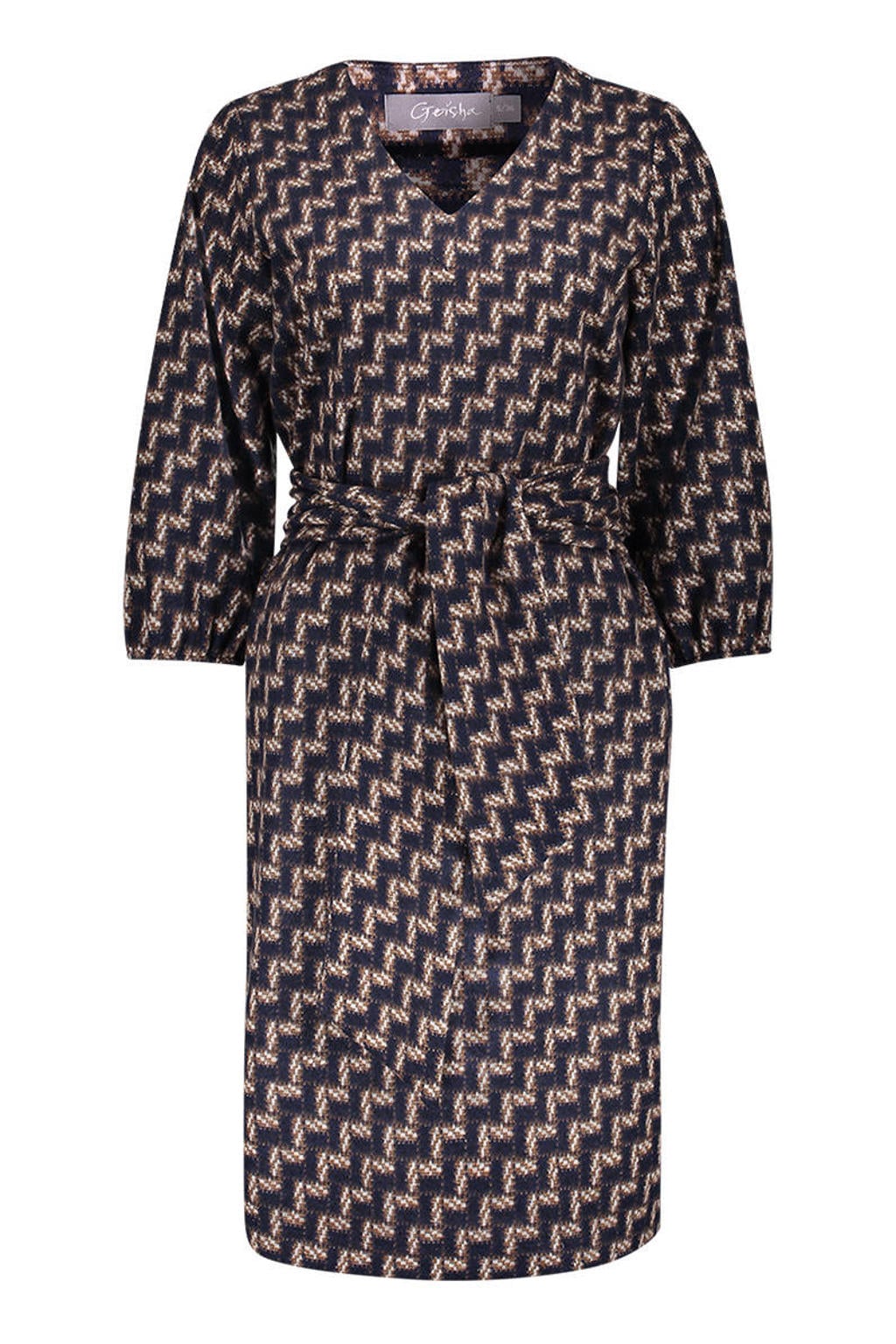 Donkerblauwe dames Geisha midi jurk van katoen met driekwart mouwen en V-hals