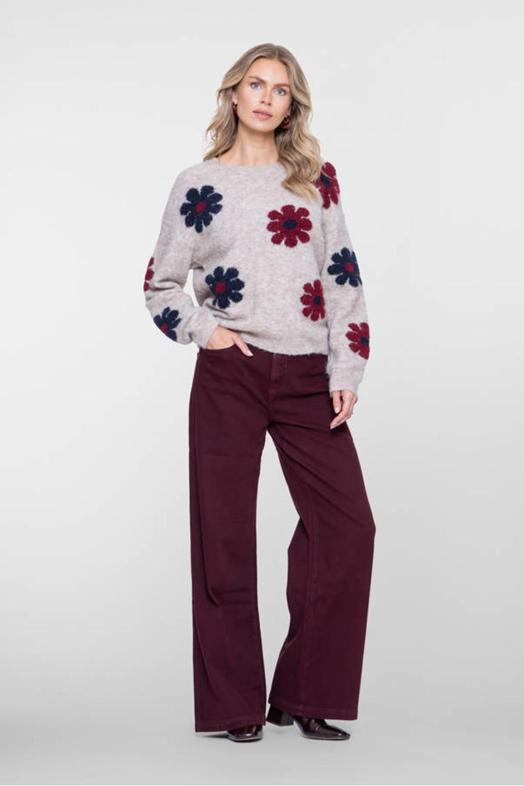 Geisha gebloemde gebreide trui met wol - zand/donkerrood/donkerblauw