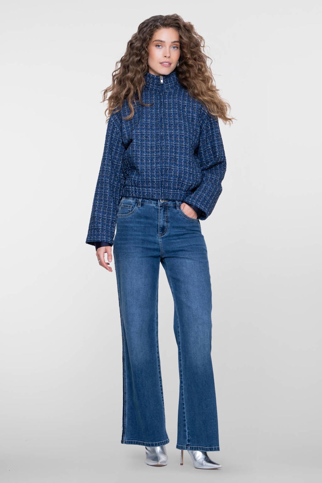 Donkerblauwe dames Geisha tweed bomberjack met effen, lange mouwen, opstaande kraag en lurex