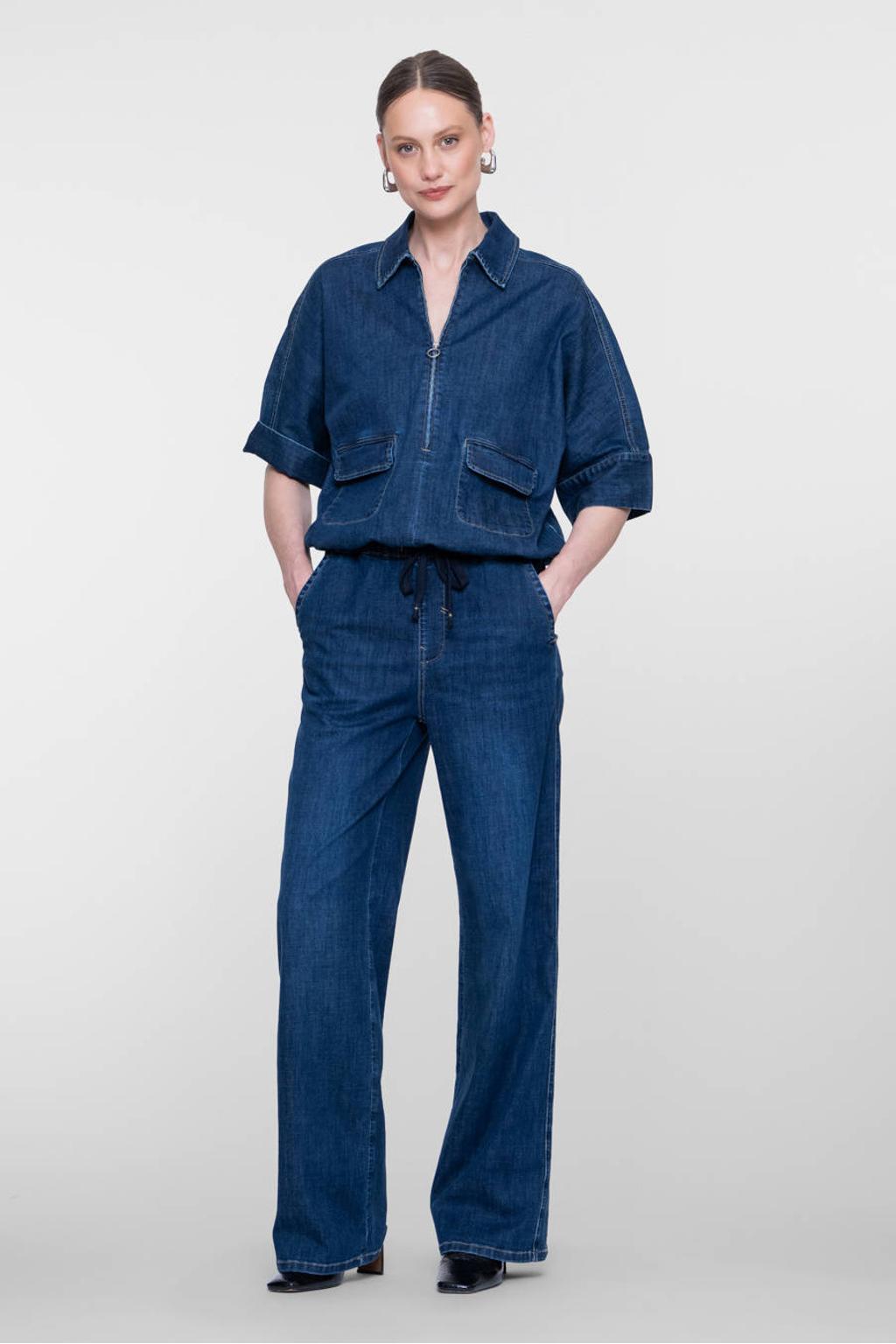 Donkerblauwe dames Geisha flared jeans van denim met high waist, rits- en knoopsluiting en effen