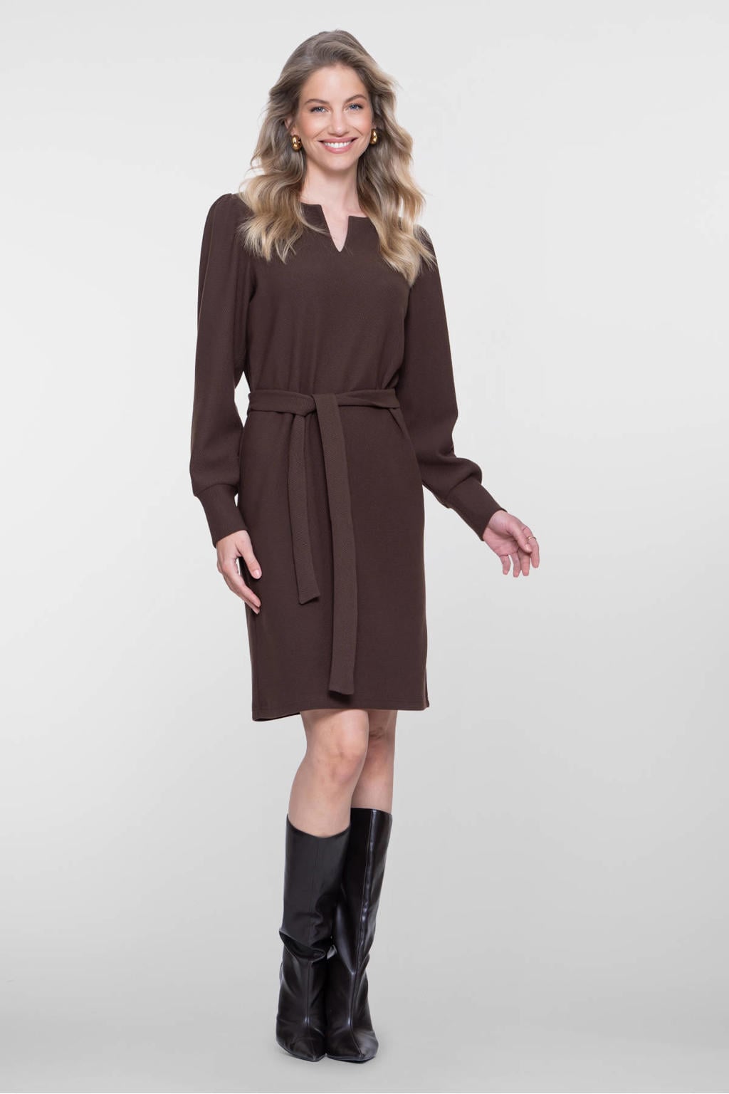 Bruine dames Geisha midi jurk van polyester met effen, lange mouwen en V-hals