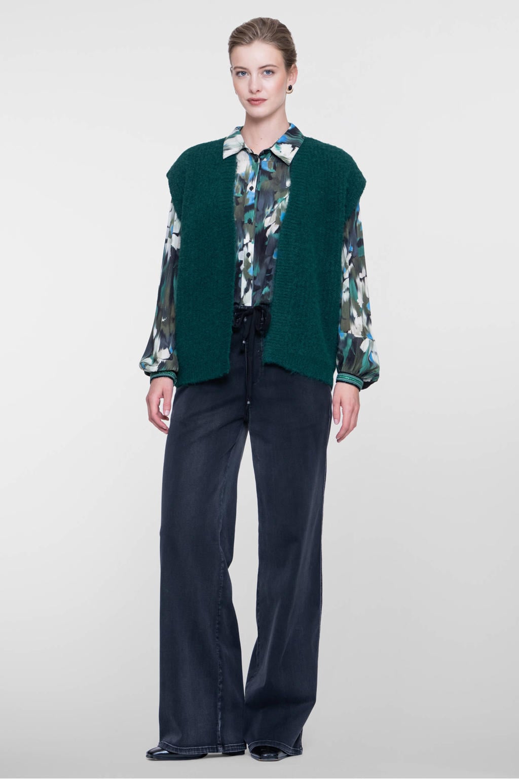 Zwarte dames Geisha flared jeans van denim met high waist, rits- en knoopsluiting en effen