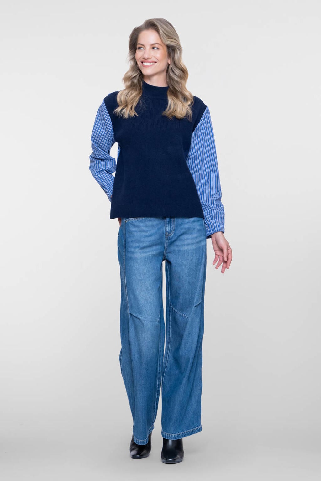 Blauwe dames Geisha gestreepte pullover van polyester met lange mouwen en ronde hals