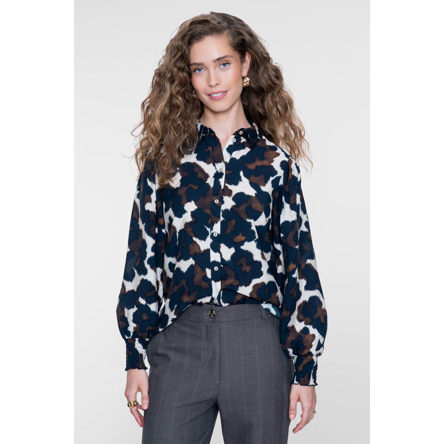Geisha blouse met panterprint zand blauw bruin