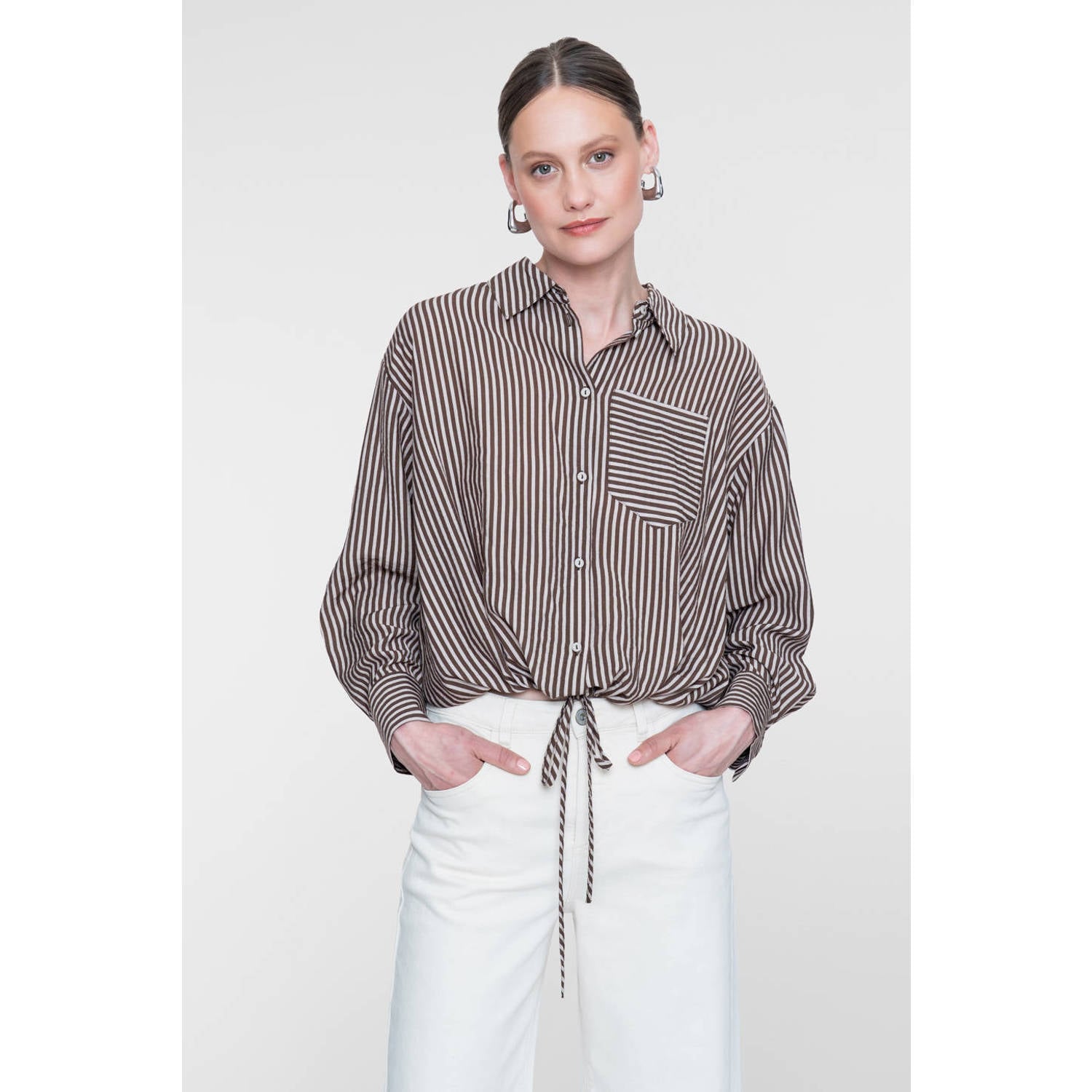 Geisha gestreepte blouse bruin