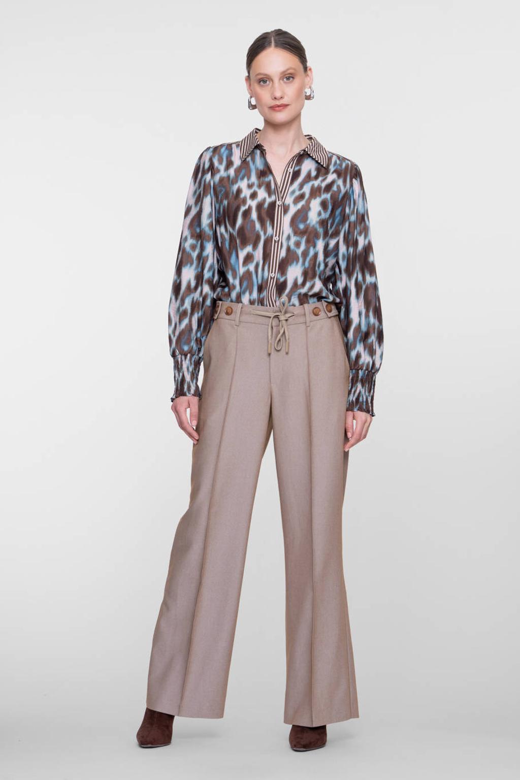 Zandkleurige dames Geisha wide leg broek met high waist, striksluiting en effen