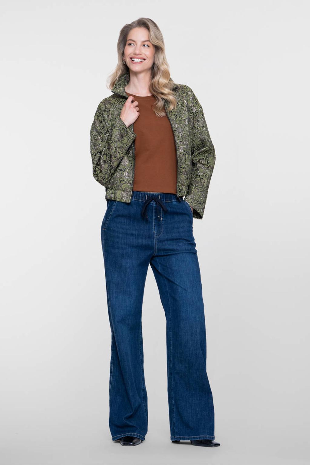 Groene dames Geisha gebloemd bomberjack van polyester met lange mouwen en opstaande kraag