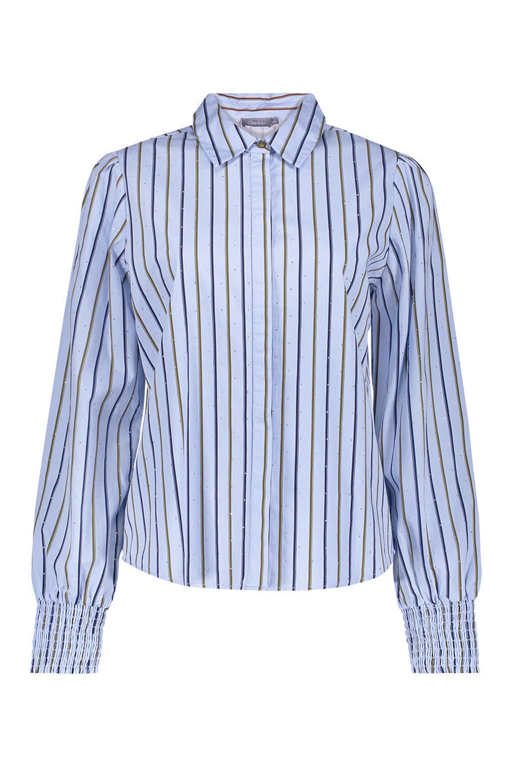 Blauwe dames Geisha gestreepte blouse van katoen met lange mouwen, klassieke kraag en knoopsluiting