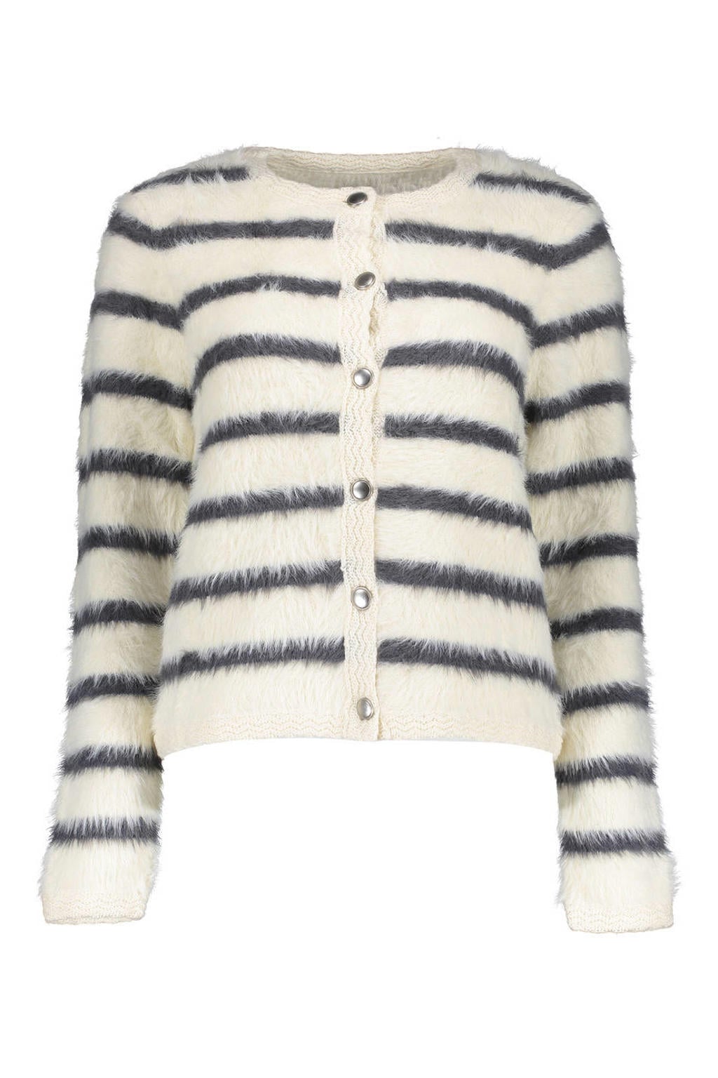 Ecru en grijze dames Geisha gebreid gestreept vest van polyamide met lange mouwen, ronde hals en knoopsluiting