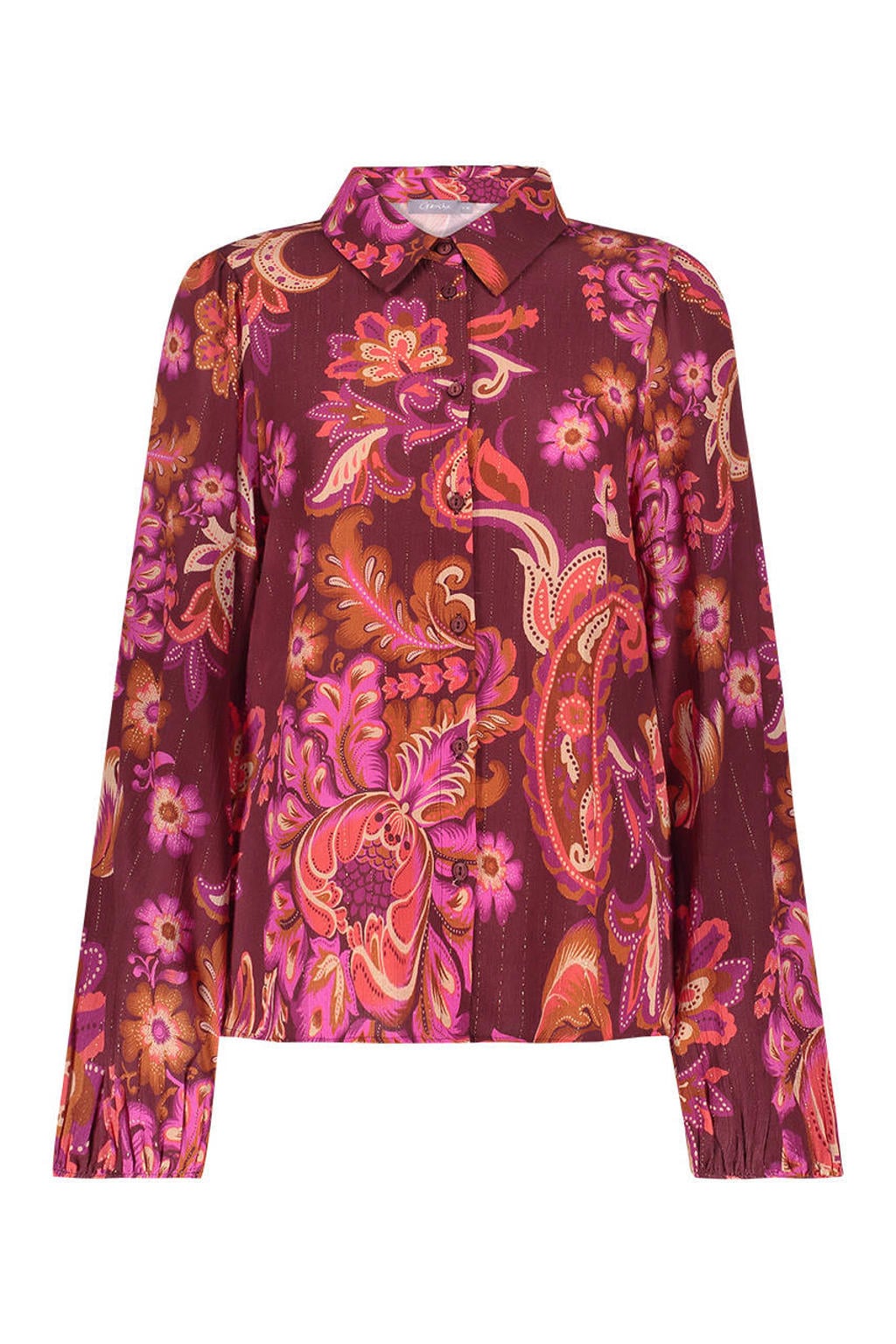 Donkerrood, rood en roze dames Geisha blouse van viscose met lange mouwen, klassieke kraag en knoopsluiting