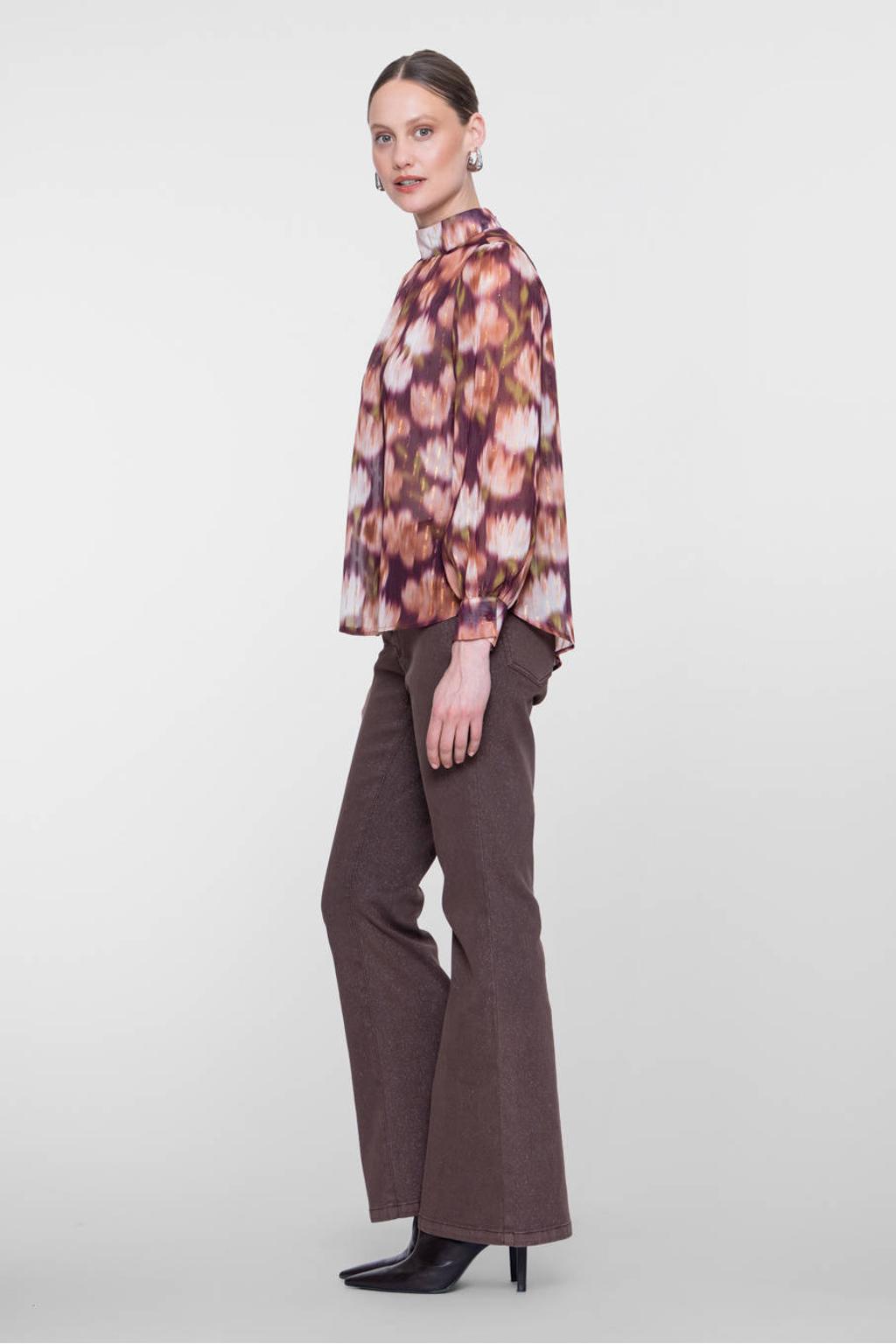 Bruin en oranje dames Geisha gebloemde top van polyester met lange mouwen en ronde hals