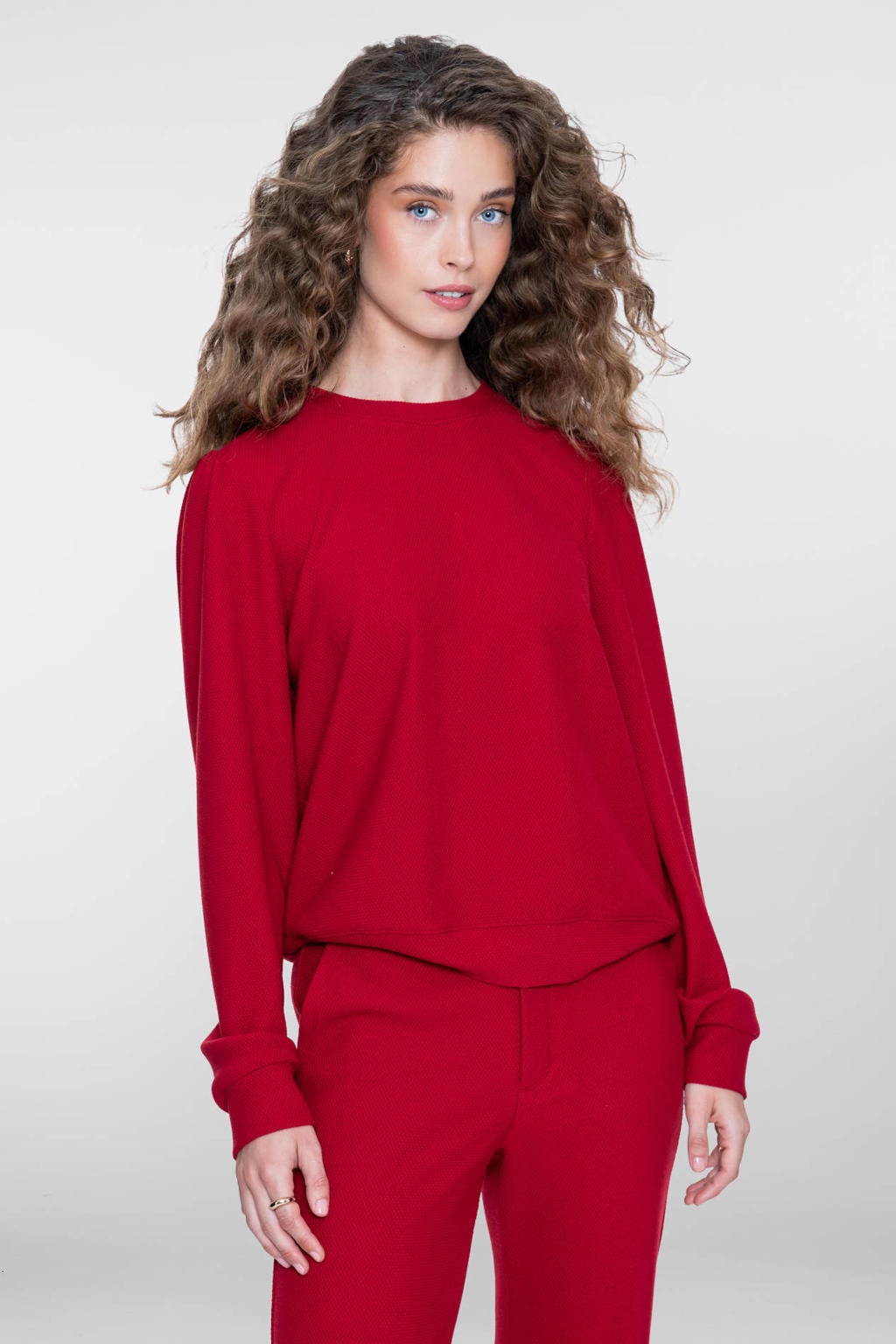 Rode dames Geisha sweater van polyester met effen, lange mouwen en ronde hals
