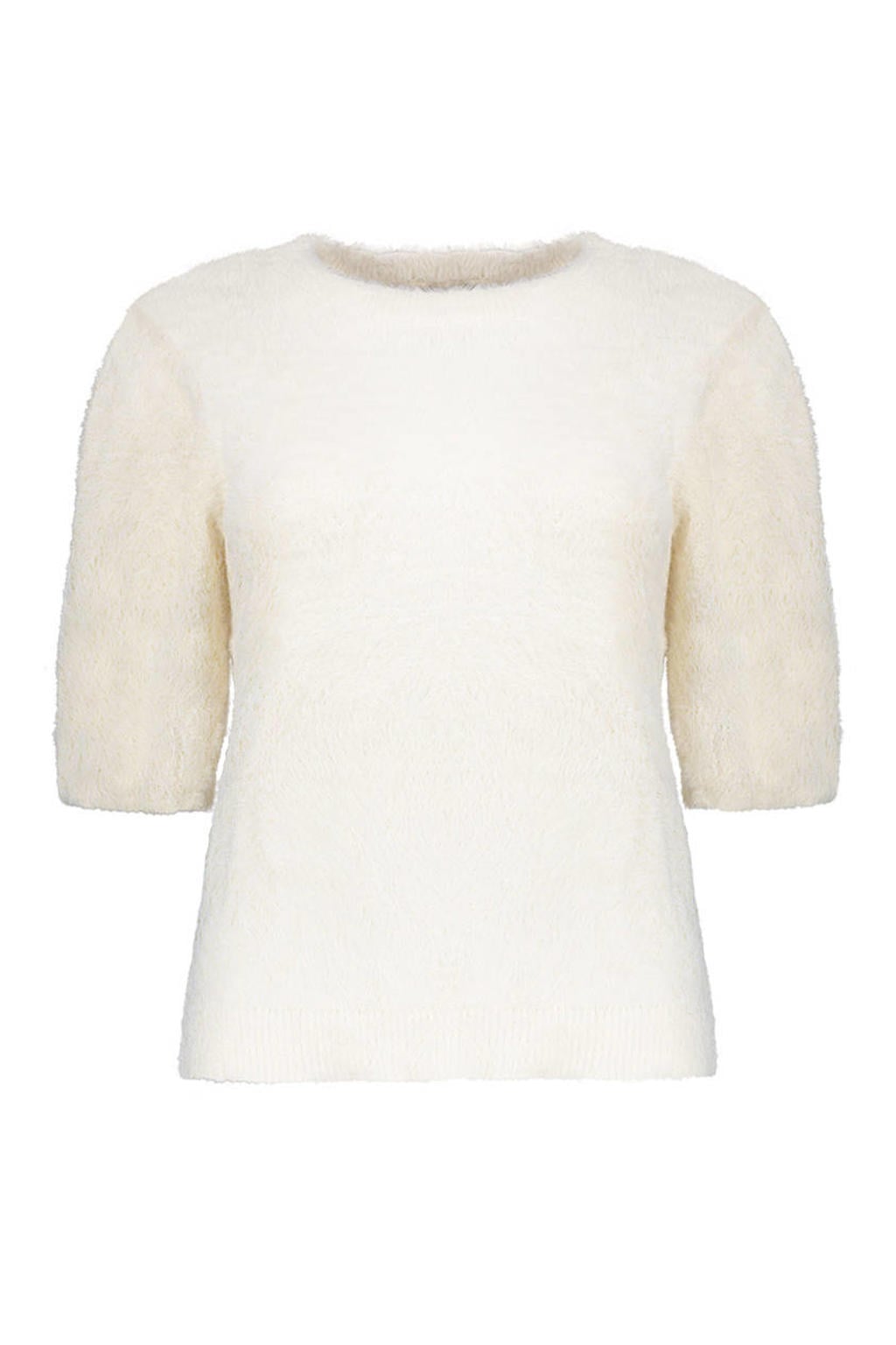 Ecru dames Geisha pullover van nylon met effen, half lange mouwen en ronde hals