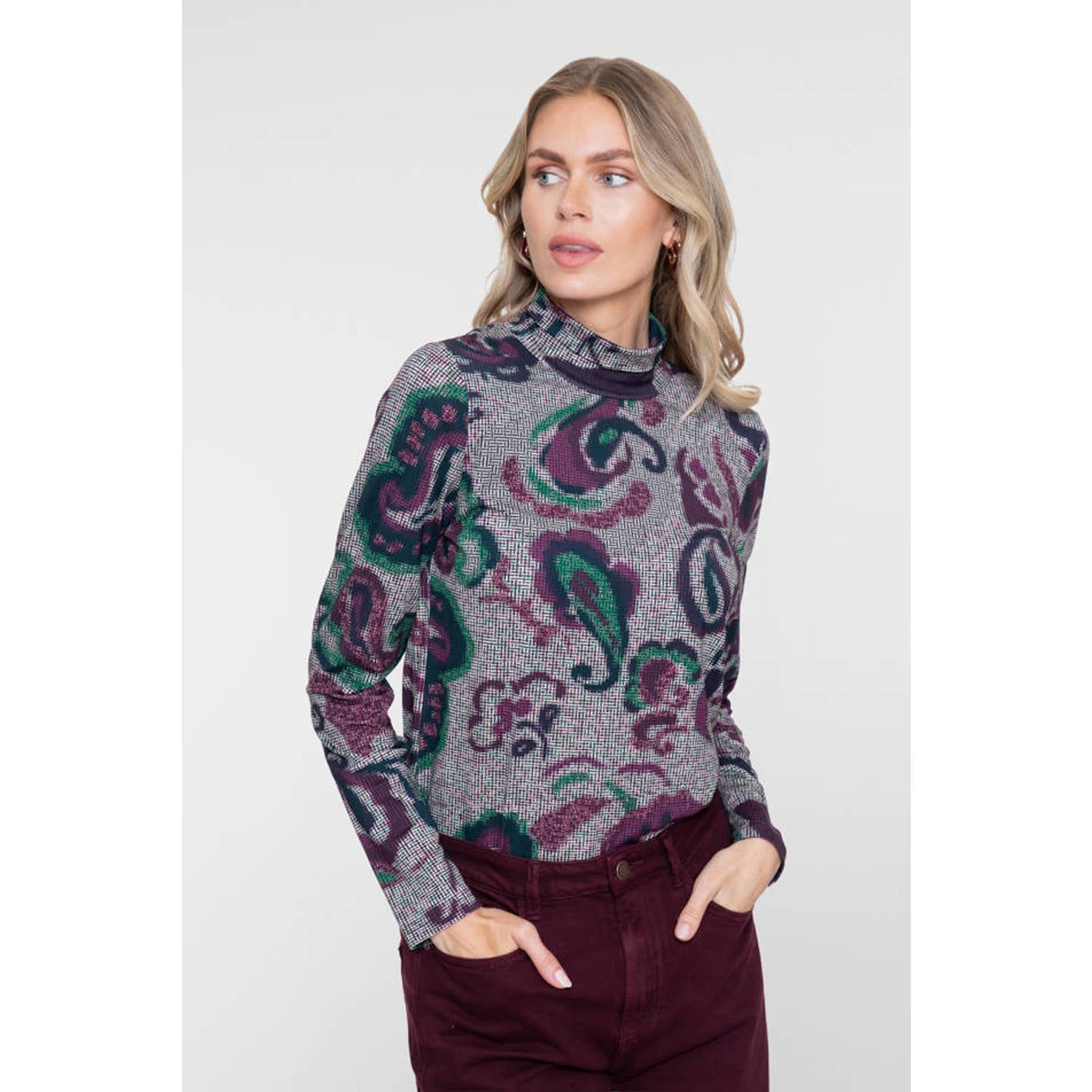 Geisha top met col en paisley donkerrood groen