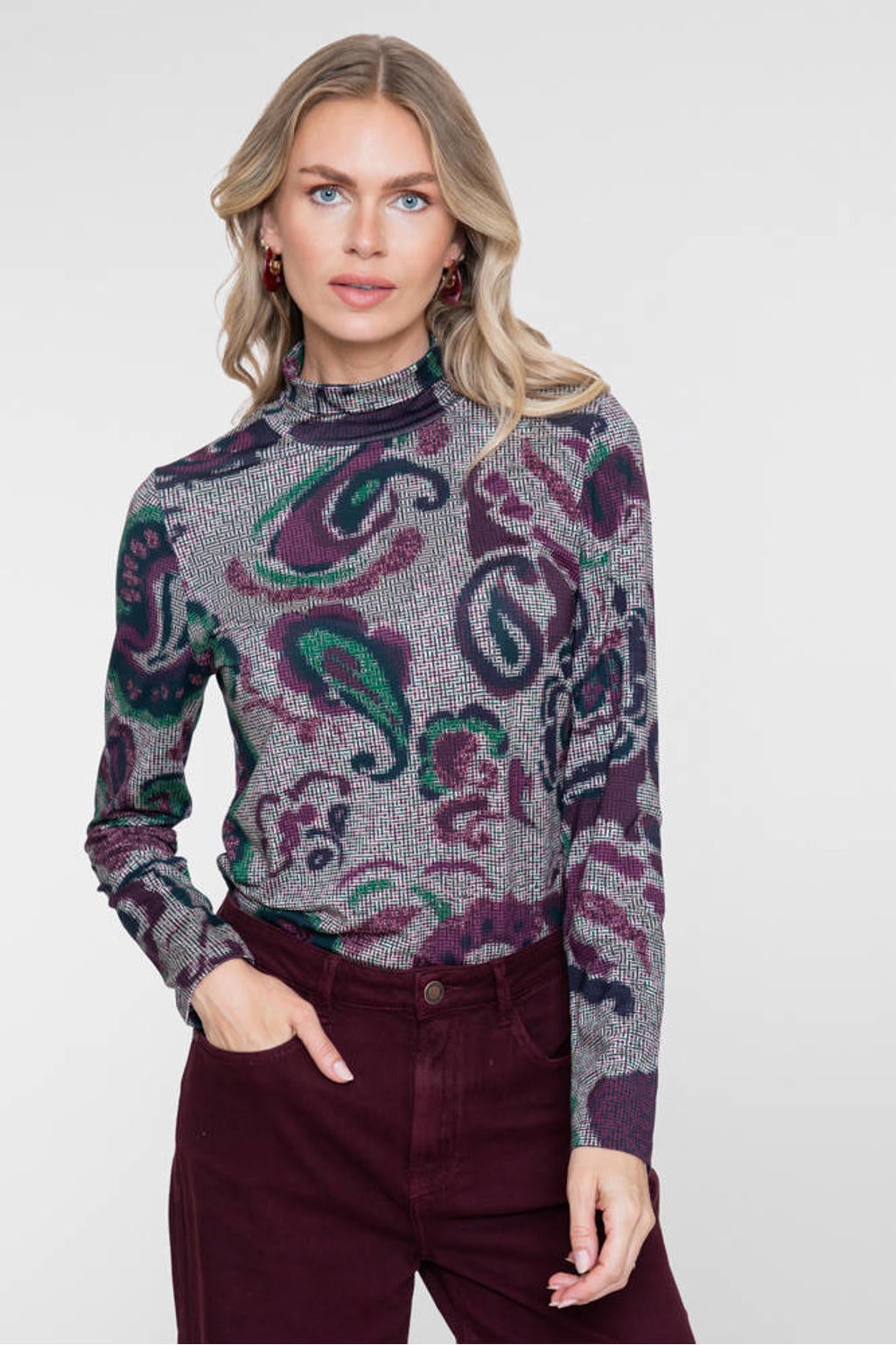 Geisha top met col en paisley - donkerrood/groen