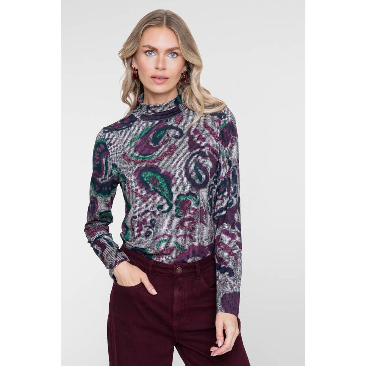 Geisha top met col en paisley donkerrood groen