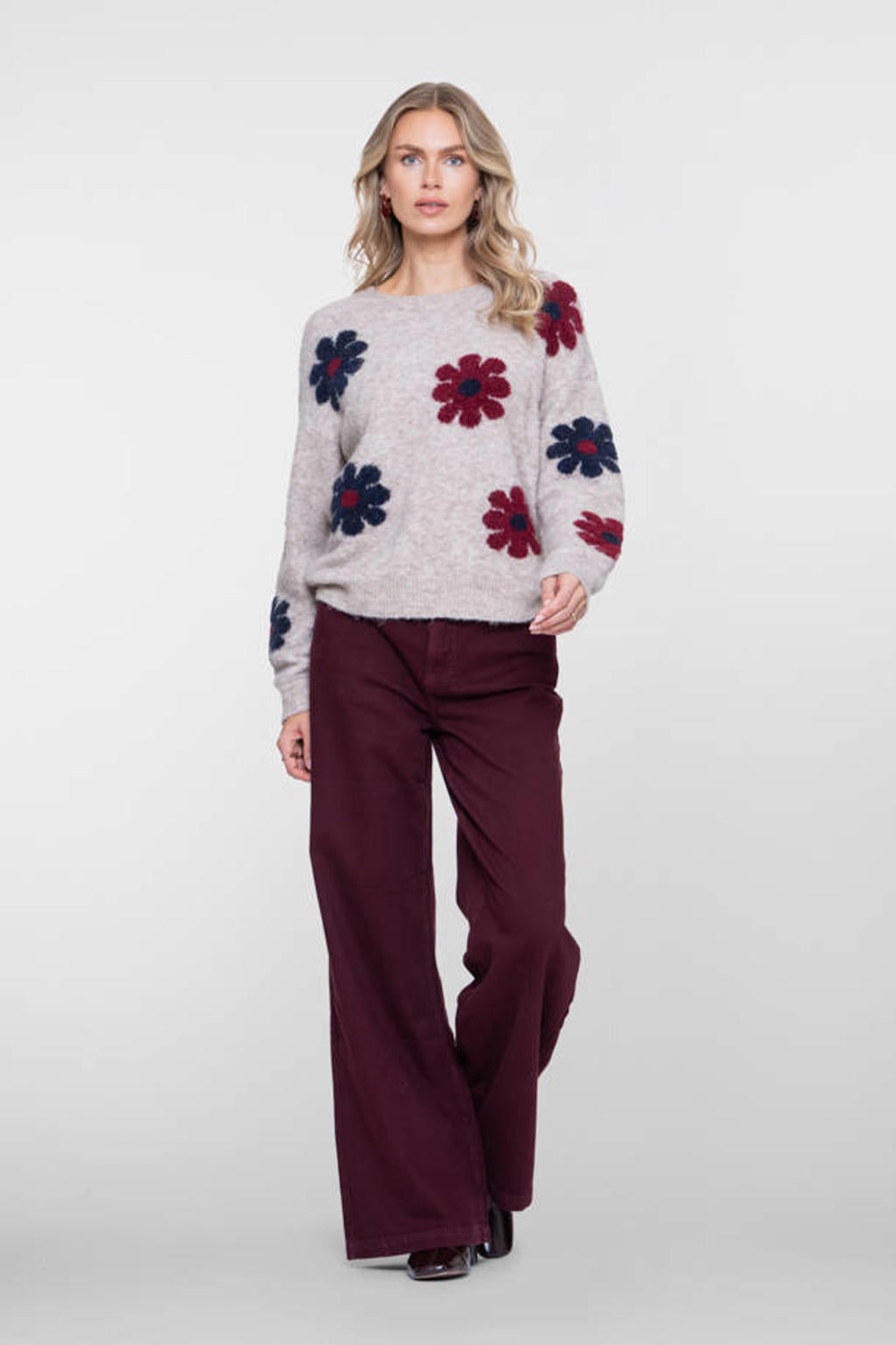 Donkerrode dames Geisha flared jeans van denim met high waist, rits- en knoopsluiting en effen