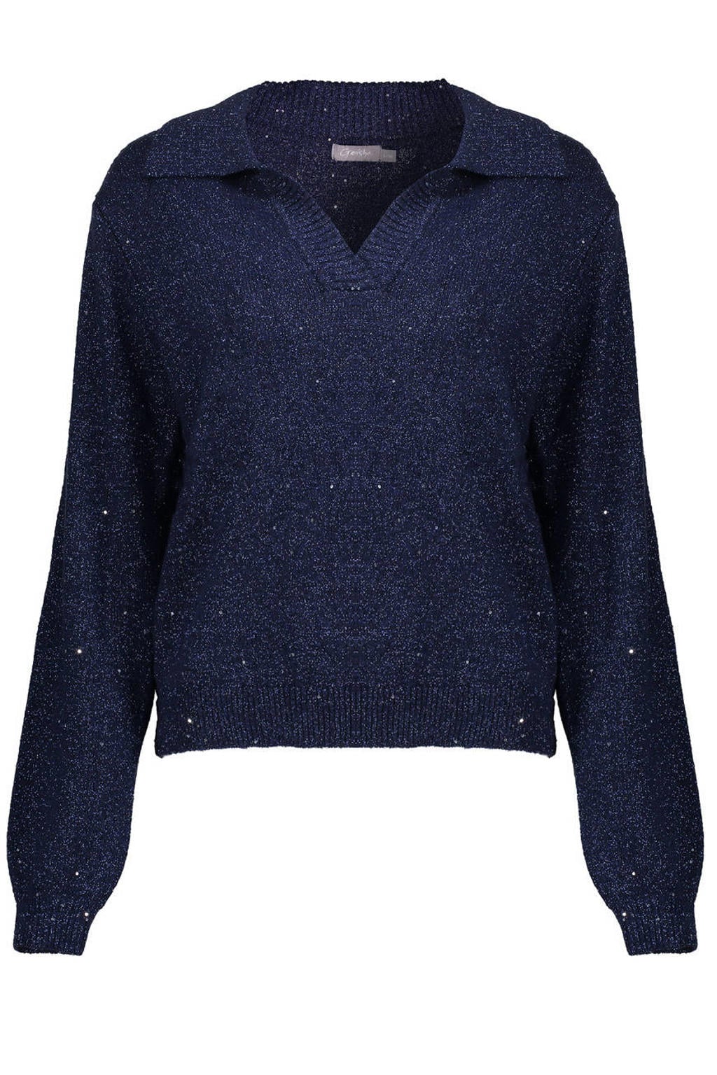 Donkerblauwe dames Geisha trui van polyester met effen, lange mouwen, klassieke kraag en lurex