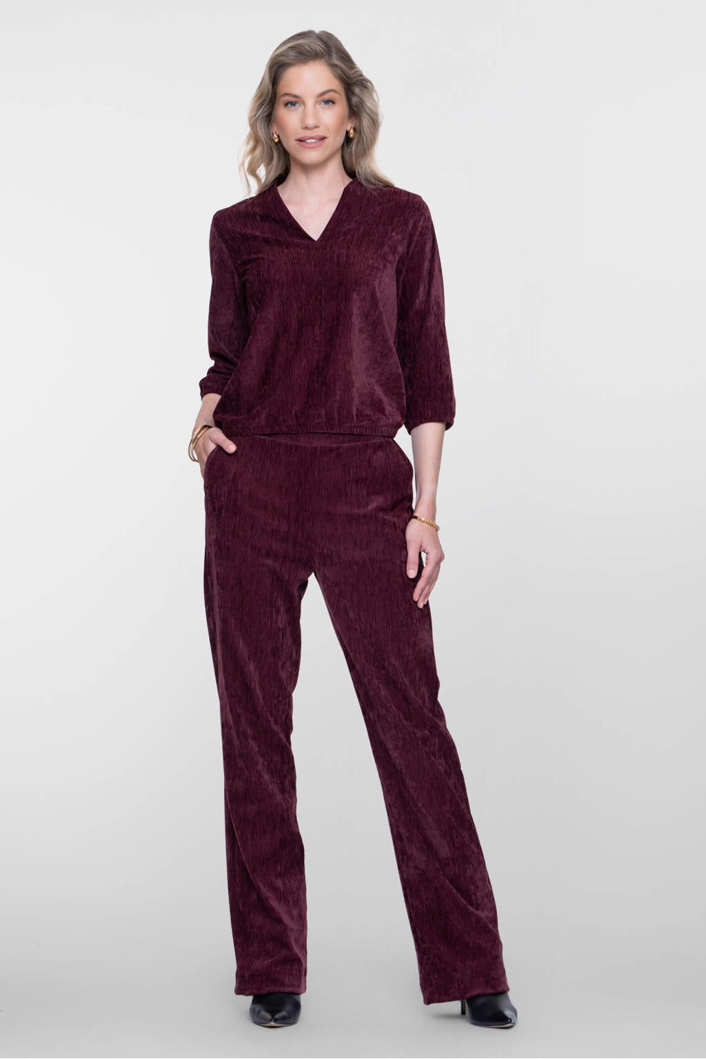 Donkerrode dames Geisha velours straight leg pantalon met effen