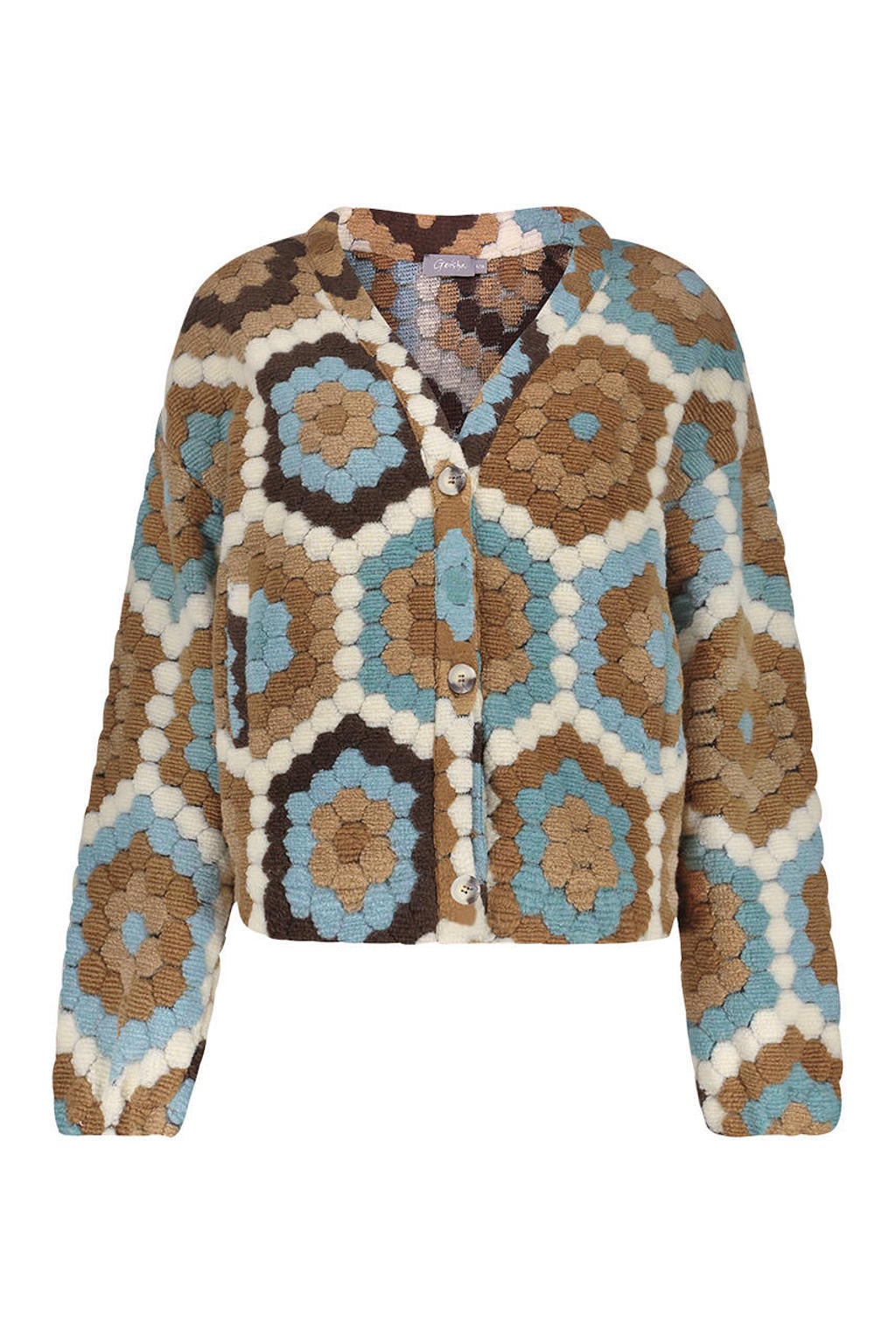 Bruin en blauwe dames Geisha katoenen gebreide vest met meerkleurige print, lange mouwen, V-hals en knoopsluiting