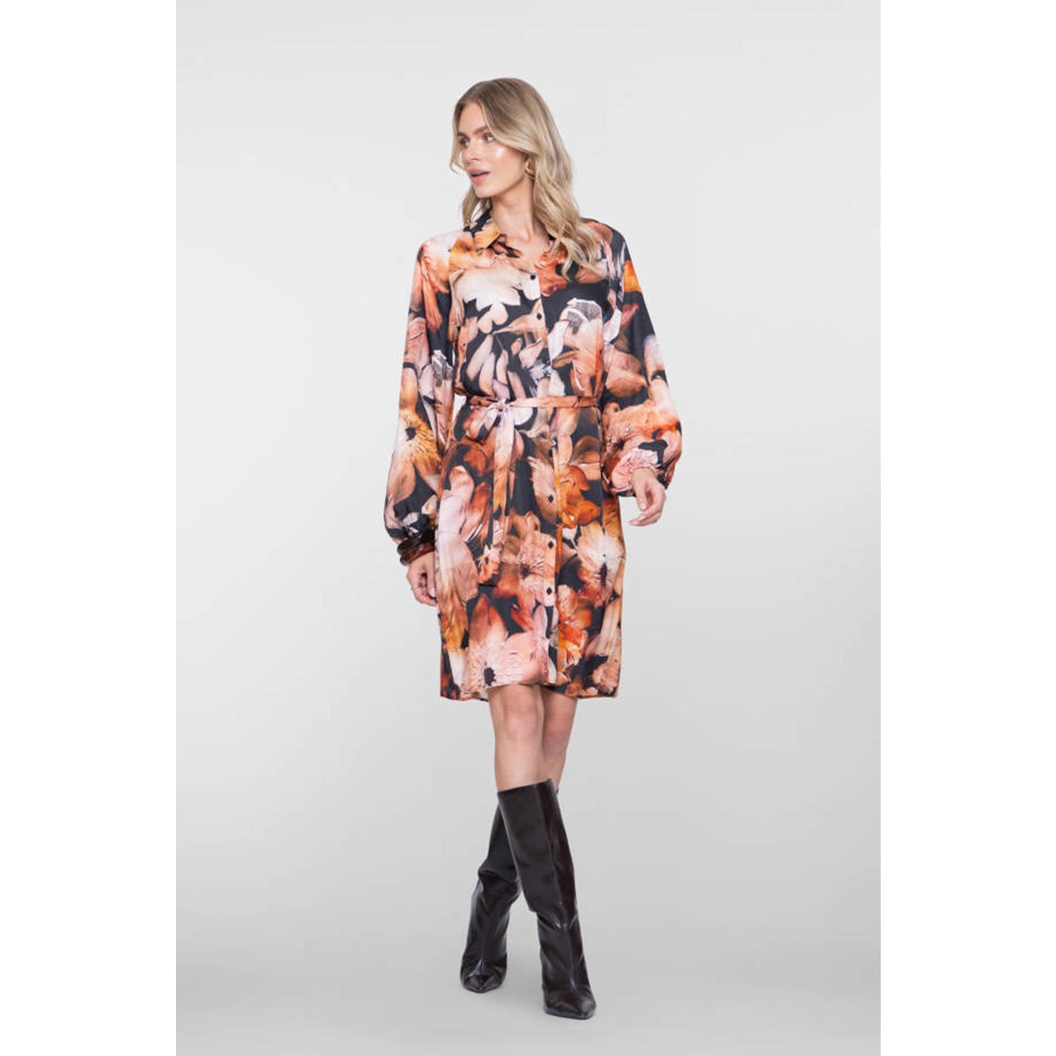 Geisha gebloemde midi blousejurk zwart oranje