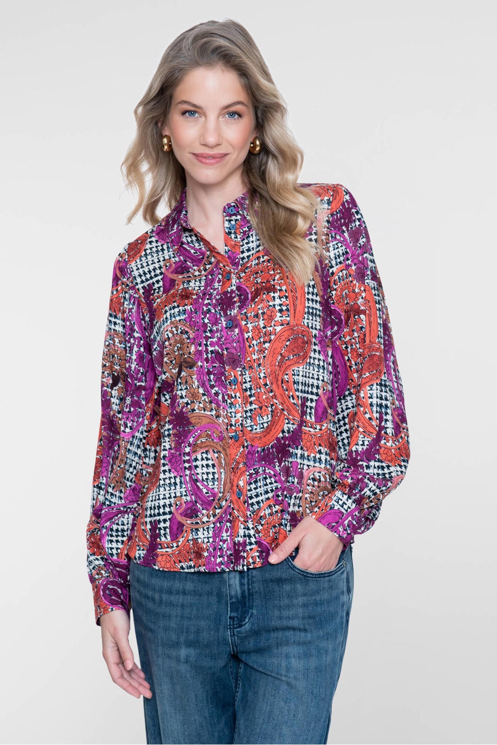 Donkerblauw en roze dames Geisha blouse van viscose met lange mouwen, klassieke kraag en knoopsluiting