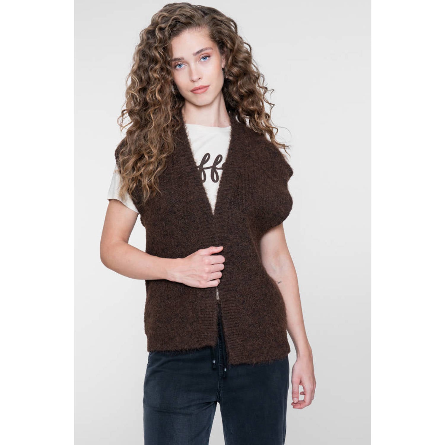 Geisha gilet met wol donkerbruin