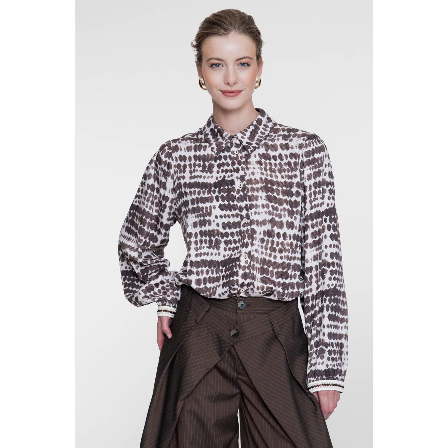 Geisha blouse met print bruin zand