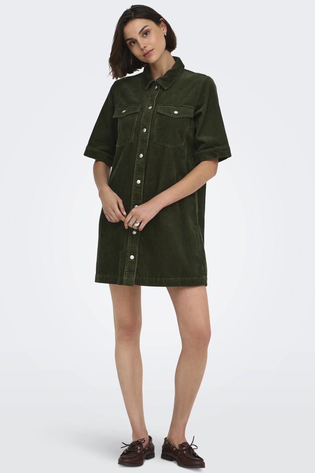 Groene dames JDY corduroy blousejurk met effen, lange mouwen, button down sluiting en knoopsluiting