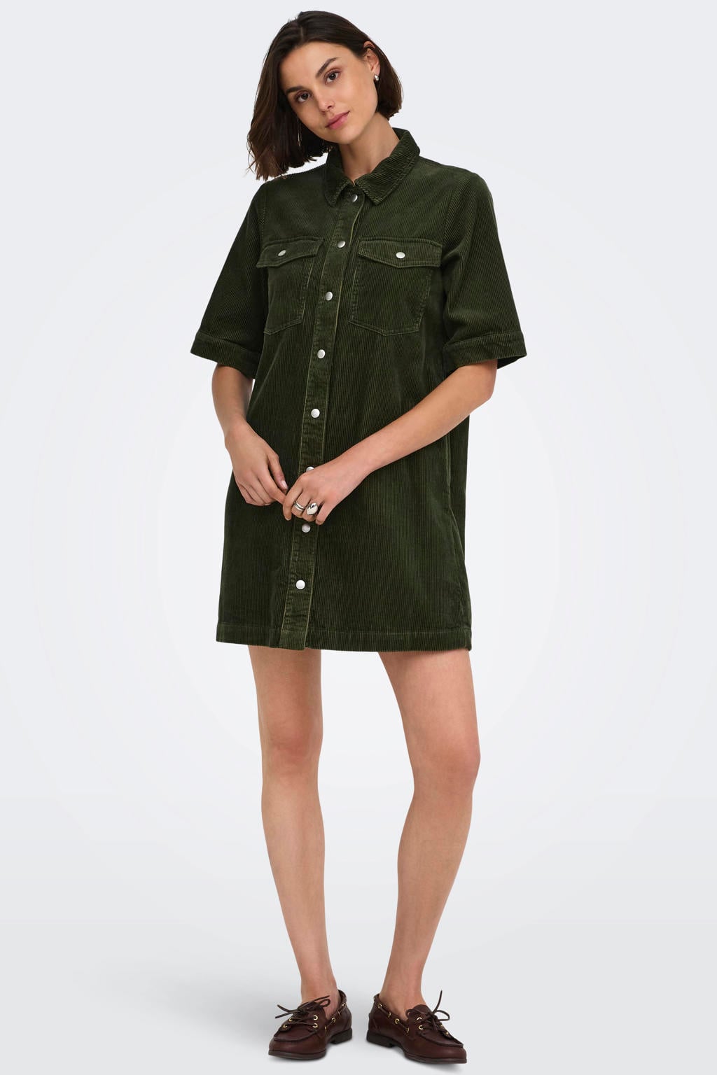 Groene dames JDY corduroy blousejurk met effen, lange mouwen, button down sluiting en knoopsluiting