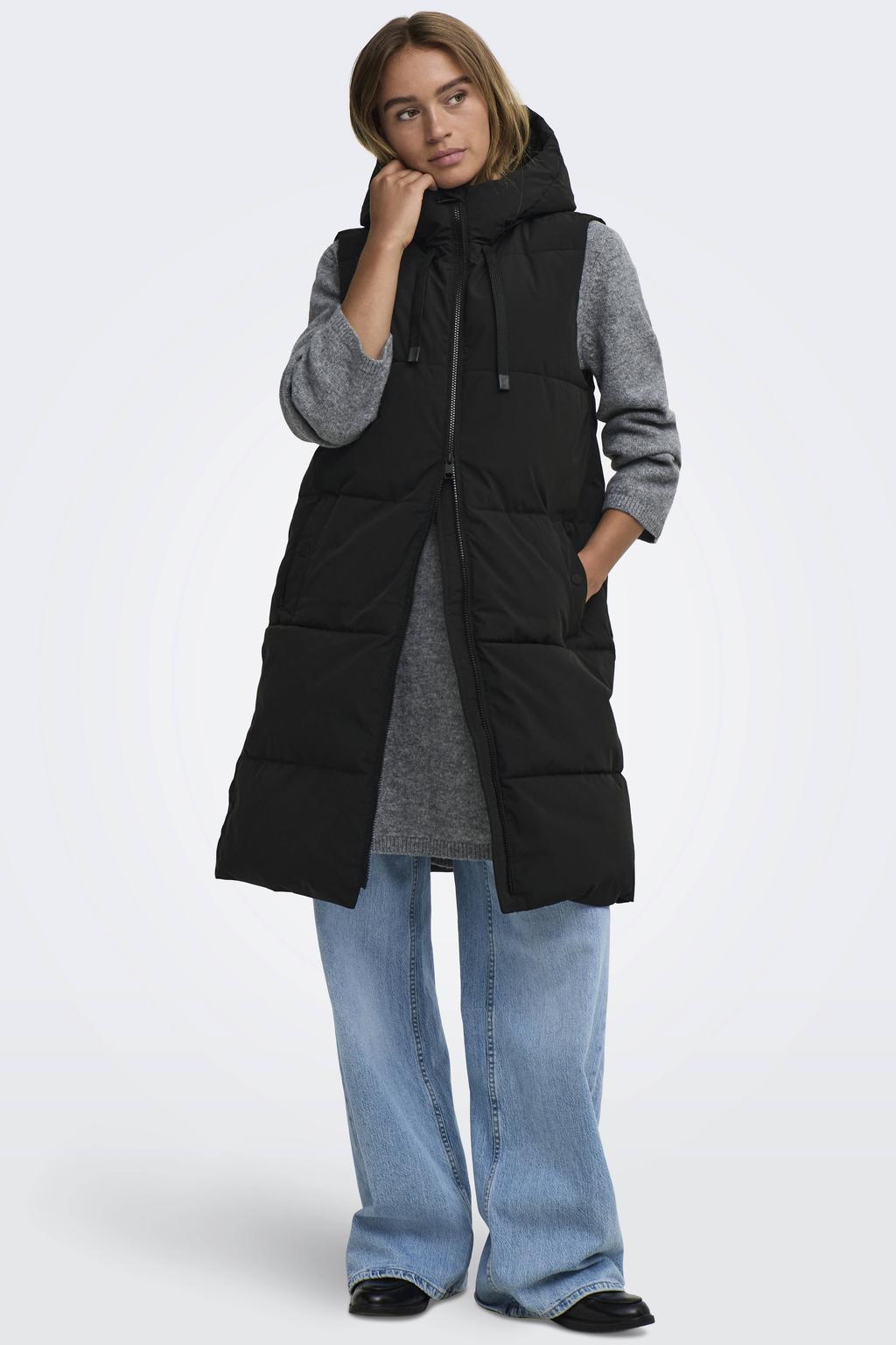 Zwarte dames JDY bodywarmer van polyester met effen, capuchon en ritssluiting