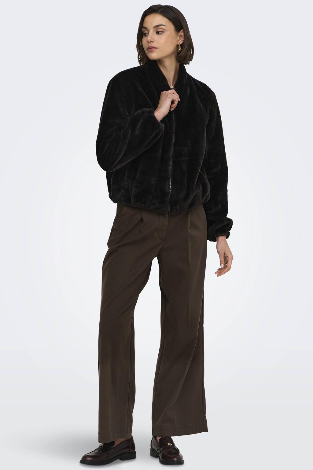 Bruine dames JDY faux fur jas van polyester met effen, lange mouwen, reverskraag en knoopsluiting
