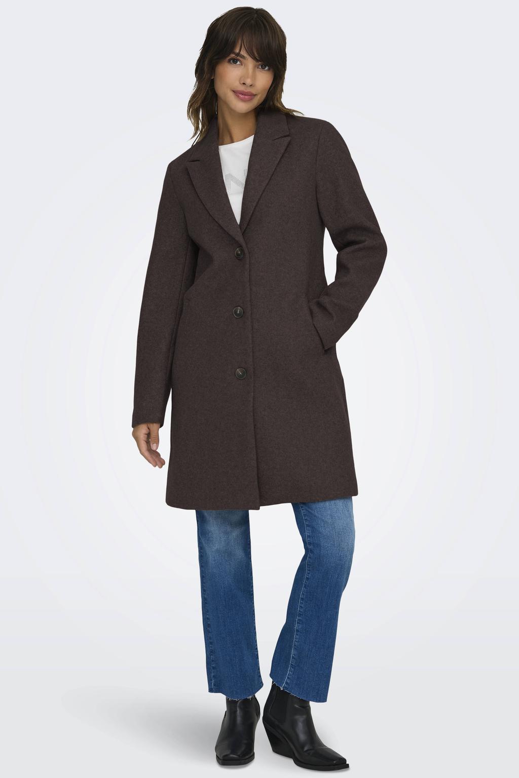 Bruine dames JDY winterjas van polyester met effen, lange mouwen, reverskraag en knoopsluiting