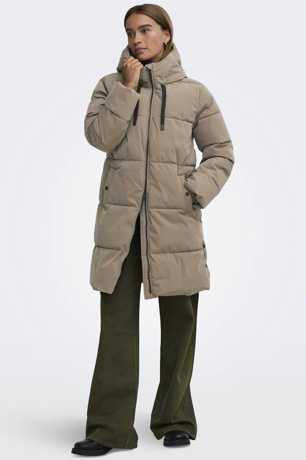 Beige dames JDY winterjas van polyester met effen, lange mouwen, capuchon en ritssluiting