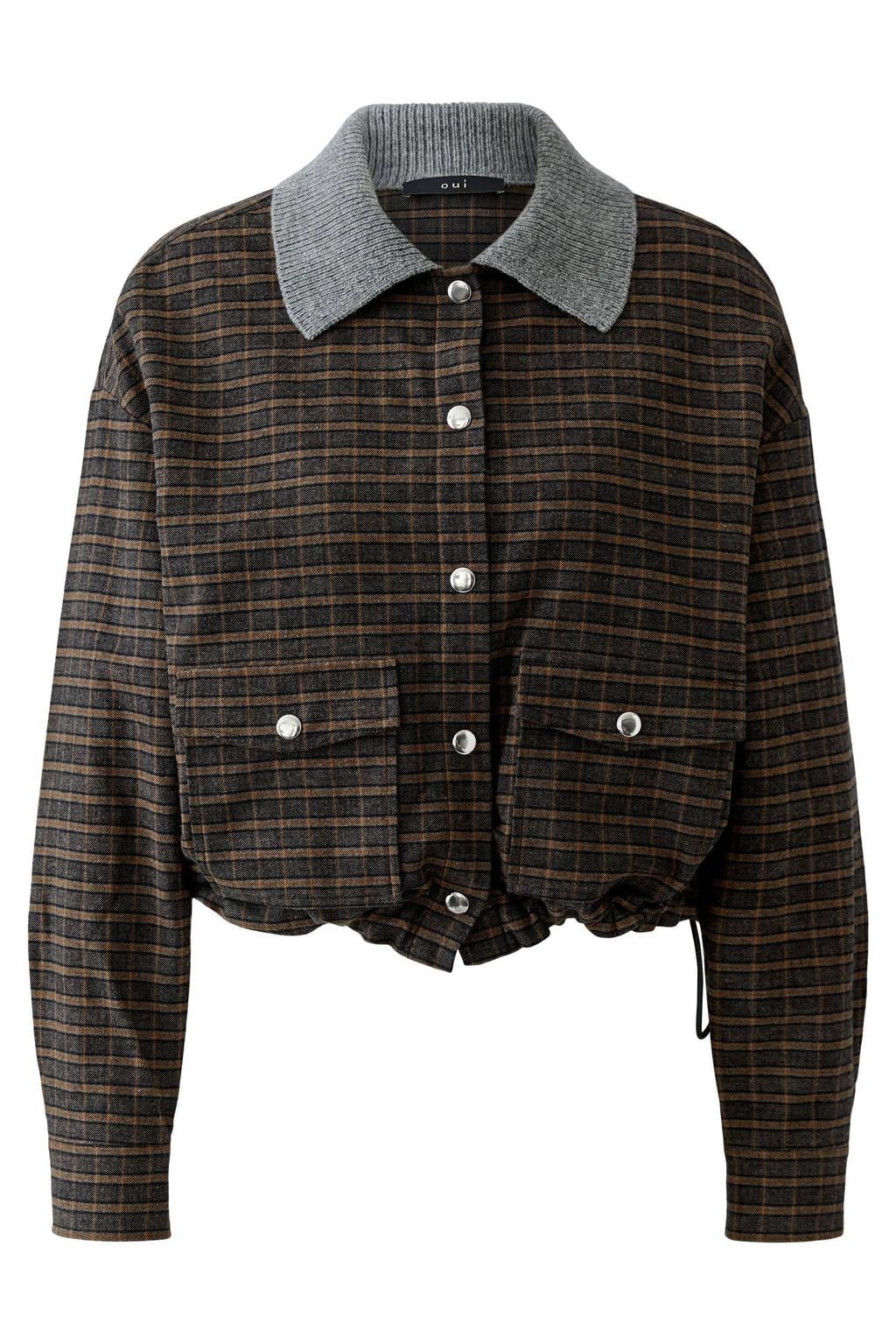 Grijze dames OUI geruite blouse van katoen met lange mouwen, klassieke kraag, knoopsluiting en elastische boord