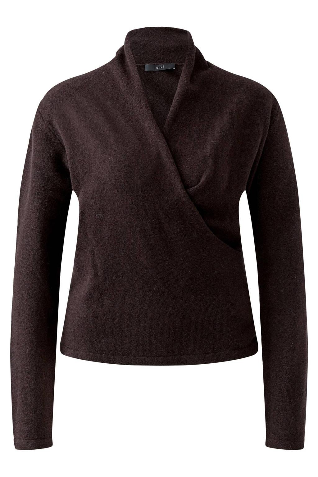 Donkerblauwe dames OUI gebreide trui van polyacryl met effen, lange mouwen, V-hals en overslag detail