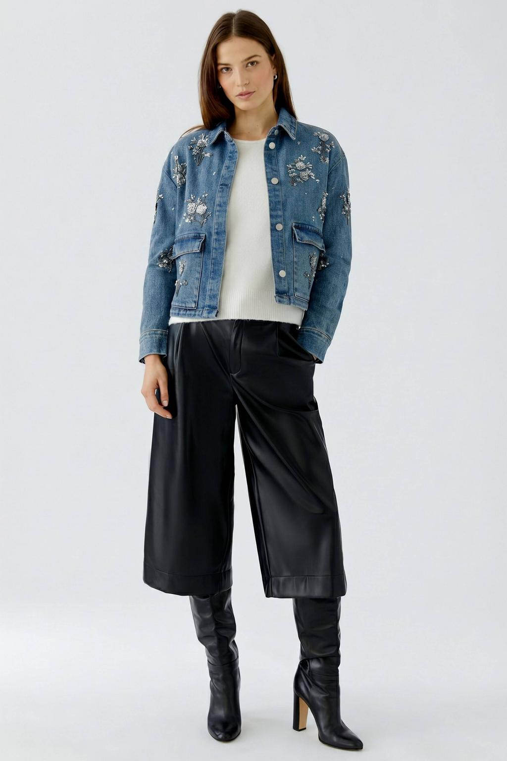 Medium blue denim, medium blue en zilverkleurige dames OUI spijkerjas mediumblauw van katoen met effen, lange mouwen en klassieke kraag